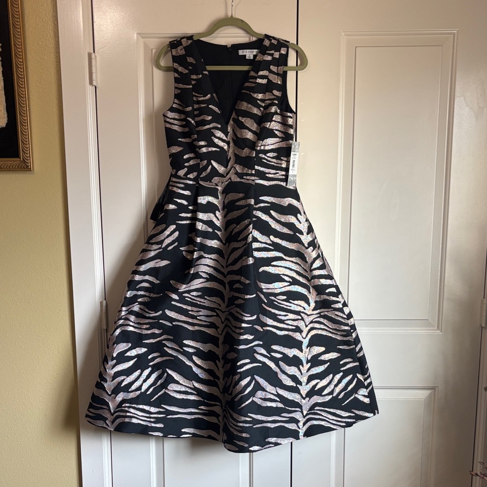 Kay Unger Black and Silver Zebra Print Midi Dress